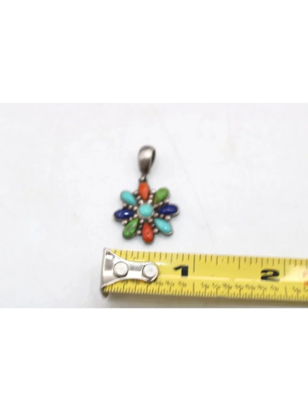 Vtg 925 Sterling Silver Multicolor Gemstone Flower Pendant Turquoise Lapis More
